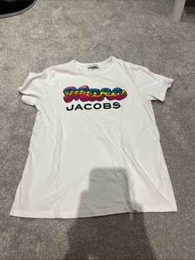 Marc Jacobs White Tee with Multicolor Striped Logo